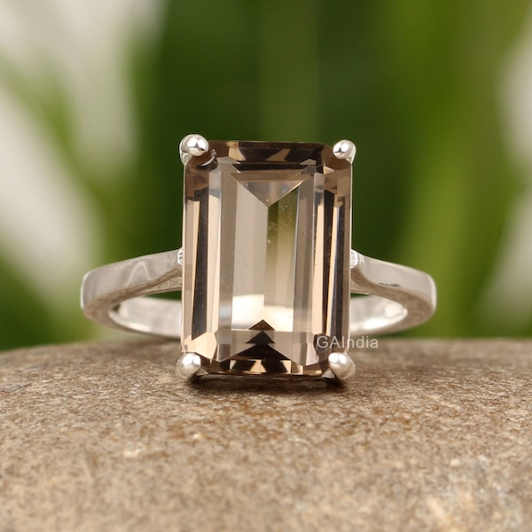 Smokey Quartz Ring, 925 Sterling Silver Ring, prong ring, Emerald cut smokey quartz ring, Delicate Smoky Quartz Ring, gift for her