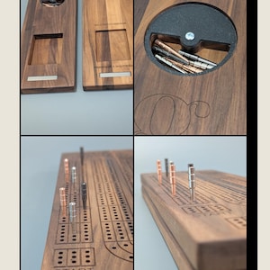 Può includere: Set da gioco da tavolo di cribbage in legno con finitura marrone scuro. Il set include una tavola con fori per pioli, un vano portaoggetti e pioli metallici di vari colori. La parola "START" è visibile sulla tavola.