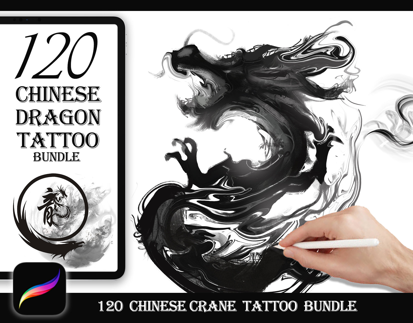 120 Ink Dragon Tattoo Stamps for Procreate | Brush Set Bundle for iPad Art
