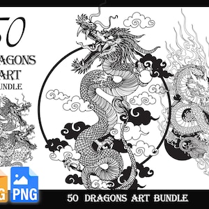 50 Dragon art tattoo design bundle |PNG | SVG |Traditional Chinese|