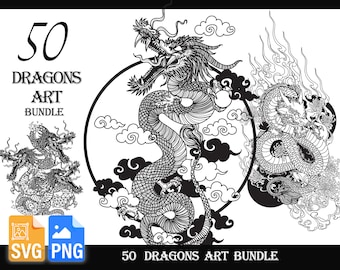 50 Dragon art tattoo design bundle |PNG | SVG |Traditional Chinese|