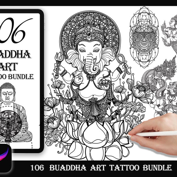 106 Buddha art tattoo design | brush stamps bundle for procreate |