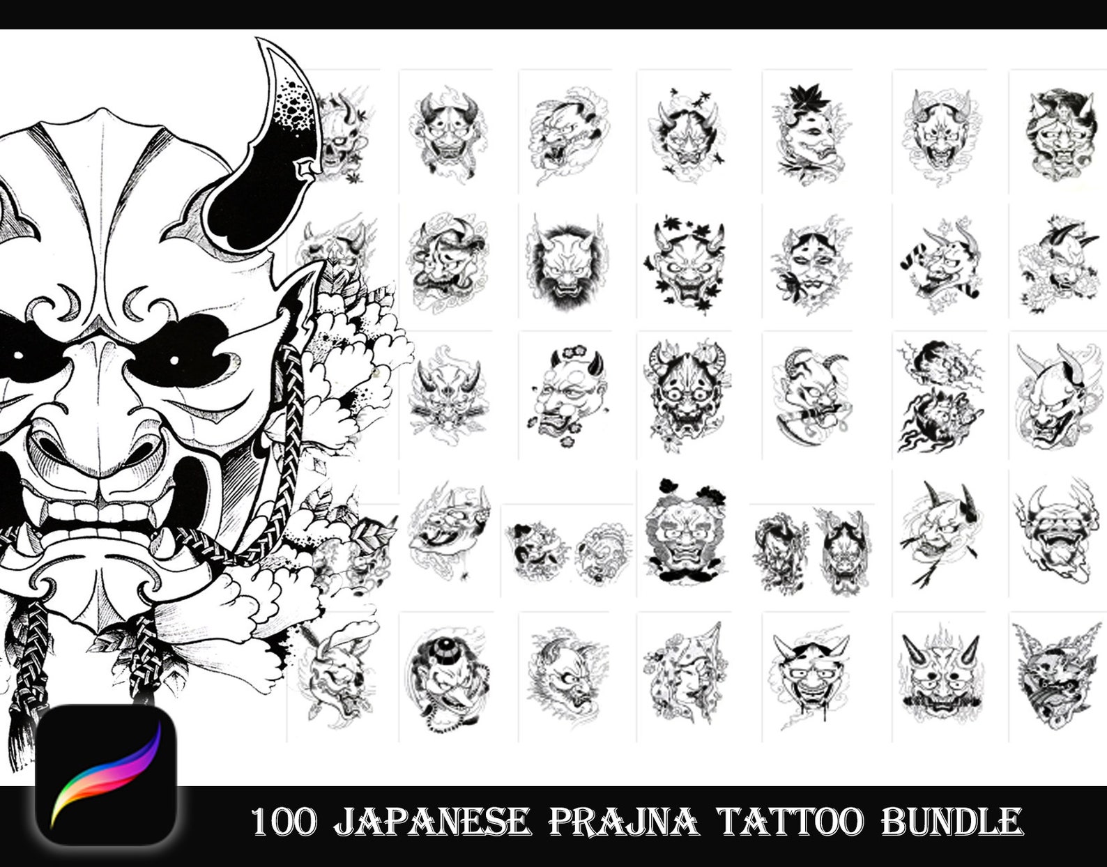 100 Japan Prajna Tattoo Design | Brush Stamps Bundle for Procreate | - Etsy