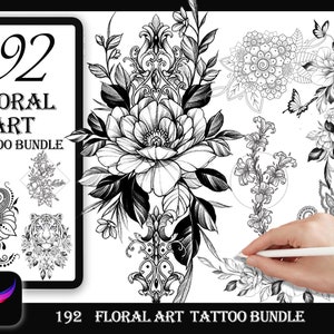192 Florale Kunst Tattoo-Design | Pinsel Stempel Bundle für zeugen |