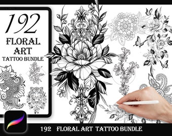 192 Floral art tattoo design | brush stamps bundle for procreate |