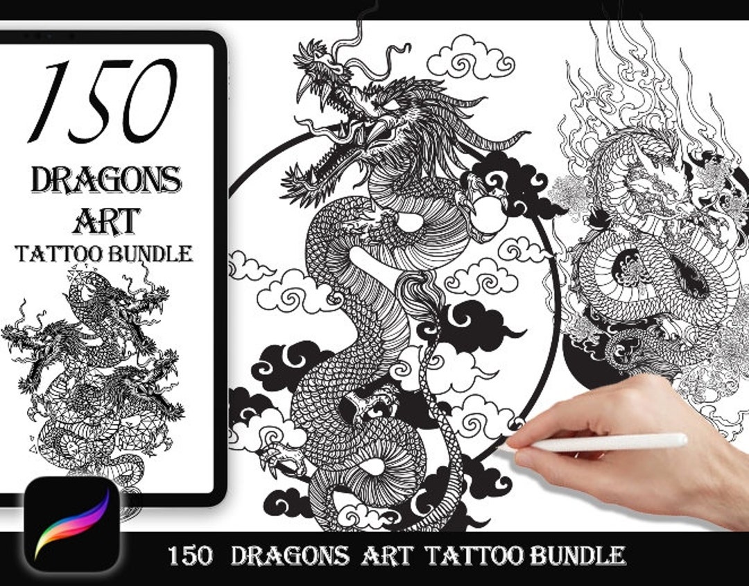150 Dragon Art Tattoo Design | Brush Stamps Bundle for Procreate | - Etsy