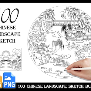 100 Chinese Landscape Sketch Line | brush stamps bundle  |PNG | SVG |