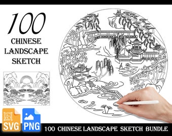 100 Chinese Landscape Sketch Line | brush stamps bundle  |PNG | SVG |
