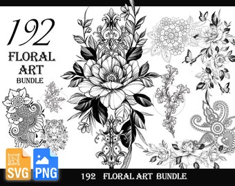 192 Floral art tattoo design bundle |Leaves Flowers |SVG | PNG |