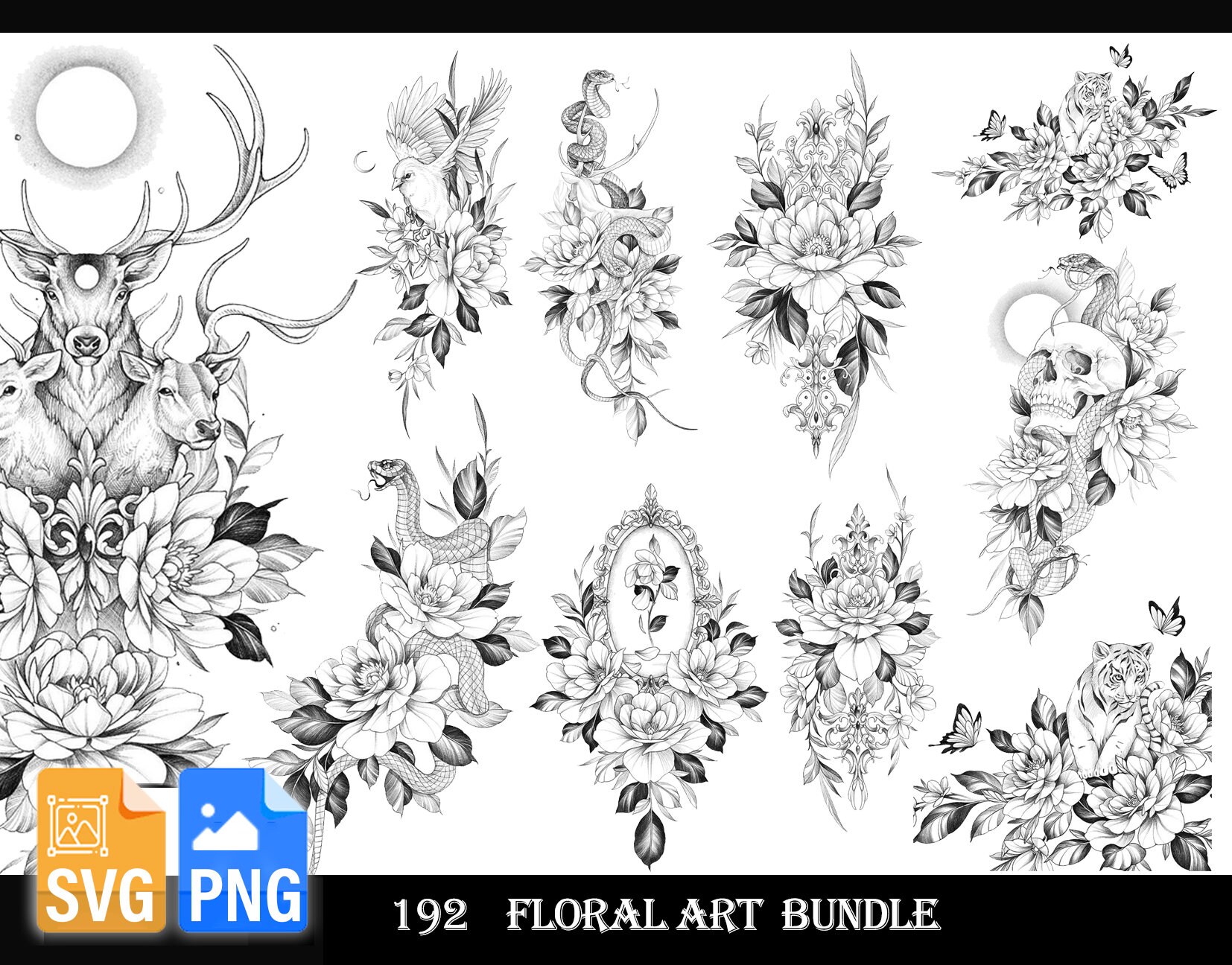 192 Floral Art Tattoo Design Bundle leaves Flowers SVG PNG Etsy