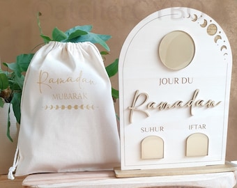Wooden Ramadan Calendar details golden ARCHES Ramadan day counter Iftar and Suhur hourly with stand