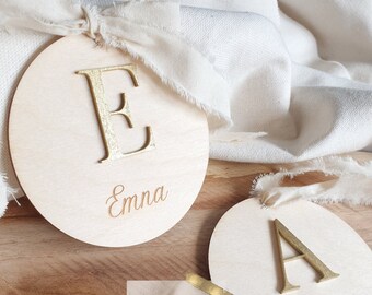 Painted wooden initial medallion Engraved first name Birth announcement card Baby first name