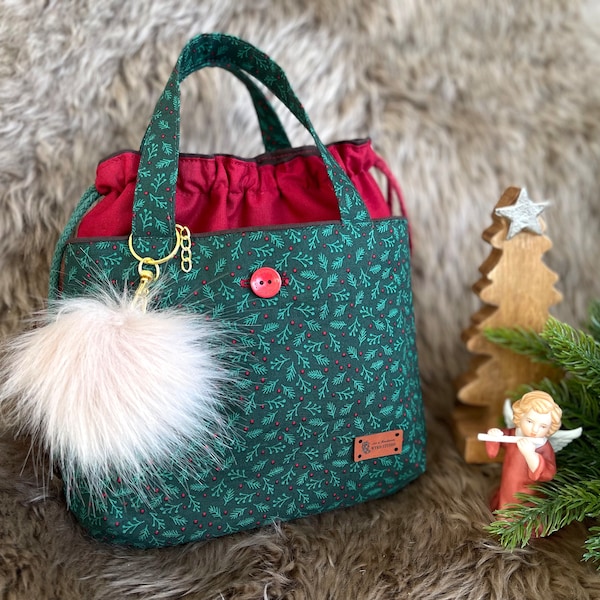 Exquisite und elegante Handtasche mit Bommel | handgefertigt |  zwei Lagen 100 % Premium-Baumwolle | schöne Weihnachten | Landhausstil