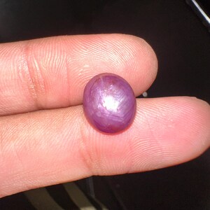 Può includere: Una gemma di rubino stellato a taglio cabochon rotondo con una tonalità rosso magenta intenso. La pietra mostra un distinto effetto a stella a sei raggi sulla sua superficie lucida e bombata, riflettendo la luce da un punto centrale.