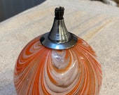 Hand Blown Art Glass Oil Lamp. Hand Blown Orange white Swirl, cream sickle silver top with Feather Pattern. Indoor Outdoor Lamp Tiki Torch.