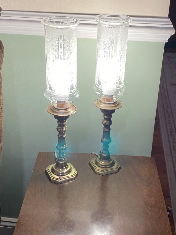 Vintage Antique Pair Heavy Brass Lamps Hurricane Boudoir Etsy