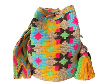 Vibrant Colors  Wayuu Bag, Authentic Crochet Crossbody, Handmade Colombian Bucket Bag, Ethical Purse made in Colombia