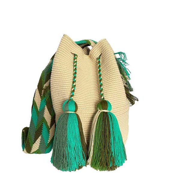 Handwoven Wayuu Mochila Bag | Beige Bucket Bag With Colorful  display picture 3
