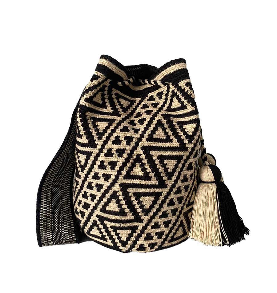 Black & White Crossbody Wayuu Bag/Handmade Shoulder Mochila Bag/Bohemian Festival Bucket Bag