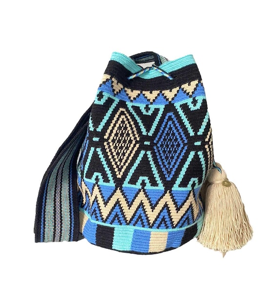 Wayuu Mochila Bucket Bags with Multicolored Strap and Tassels, Single Thread. Handmade Crochet Wayuu Bag: Colombian Crossbody Bucket Bag  main image 3