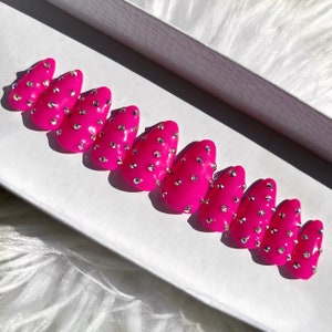 Hot Pink | Studded Gemstone | Barbie | Valentines Day Press on Nails