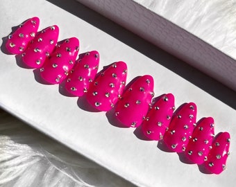 Hot Pink | Studded Gemstone | Barbie | Press on Nails