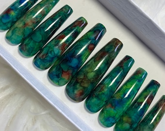 Green Blue Watercolor Press On Nails | Whimsical Fairy Art