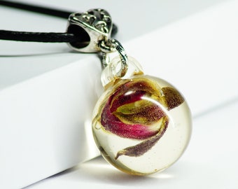 Real flower necklace, Cottagecore real rose dried flower pendant