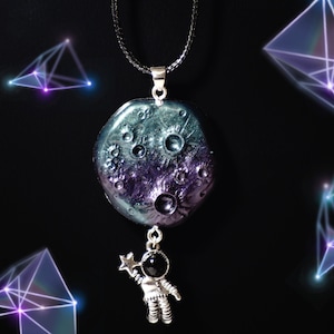Planet necklace, Astronaut necklace, Full moon, Outer space statement necklace, Handmade unique gifts