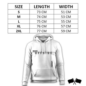K&ouml;nnte beinhalten: Wei&szlig;er Hoodie mit dem Aufdruck "OFFSIDE" auf der Vorderseite. Gr&ouml;&szlig;entabelle mit Ma&szlig;en in Zentimetern f&uuml;r S, M, L, XL und 2XL.