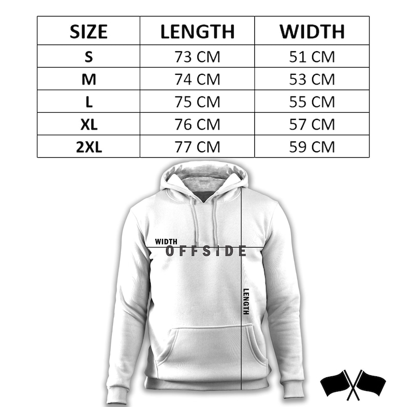 K&ouml;nnte beinhalten: Wei&szlig;er Hoodie mit dem Aufdruck "OFFSIDE" auf der Vorderseite. Gr&ouml;&szlig;entabelle mit Ma&szlig;en in Zentimetern f&uuml;r S, M, L, XL und 2XL.