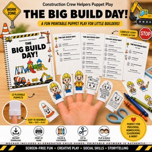 Construction Finger Puppets Printable | 12 Play Script, Dramatic Play (PDF Download)
