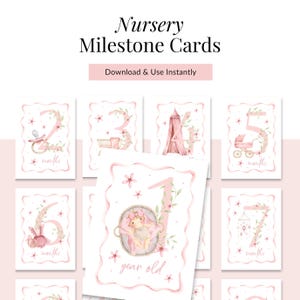 Pode incluir: Um conjunto de cartões de marcos para o berçário em rosa e branco. Os cartões apresentam desenhos florais e números de 1 a 7, com o texto "Nursery Milestone Cards" e "Download & Use Instantly" no topo.