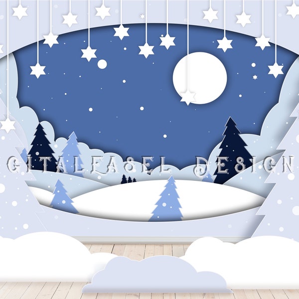 Digital background Christmas and Winter Childs Paper Cut Out Backdrop scene with extra Clouds
