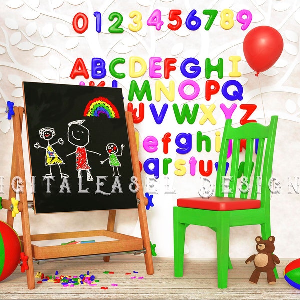 Childs chalk board-easel-letters-balloons-playroom and seat-Digital Backdrop