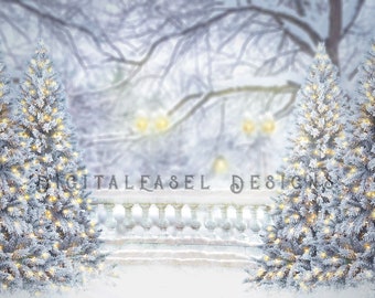 Snowy Background-Christmas Trees- With Lights In A Snowy Winter Christmas  Digital Backdrop