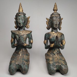 Thailand Angel,Cambodia Art,Buddha Angels Guardians in Pair God and Goddess Kneeling, Birthday Gift.
