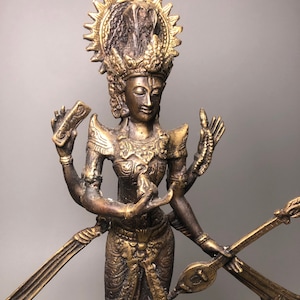 Sarasvati Brass Statue,Saravati Figurine,Sarasvati On Swan,Hindu God Knowledge ,Meditation Room Decor,Gift for Parents,Antique Gift. 15.7”