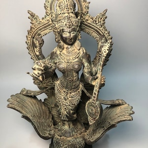 Sarasvati Bronze Statue,Saravati Figurine,Sarasvati On Swan,Hindu God Knowledge ,Meditation Room Decor,Gift for Parents,Antique Gift.18.1”