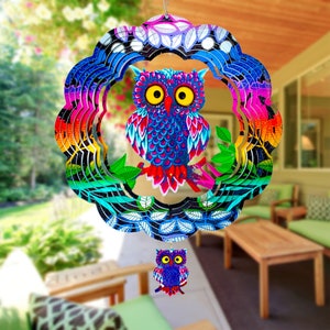 Skybella Owl Wind Spinner with Bonus Keychain Pendant. 12 inch Metal Art Wind Spinners for Outdoords.