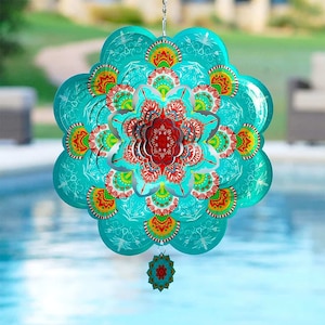 Skybella Blue Mandala Wind Spinner with Bonus Keychain Pendant. 12 inch Metal Art Wind Spinner for Yard and Patio