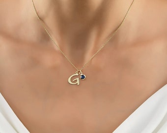 Birthstone  Initial Necklace, Personalised Gold Plated Initial Necklace,Script Style Initial Necklace, Birthday Gift For Her,Christmas Gift