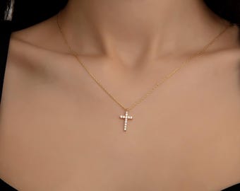 Gold Plated Cross  Necklace, Pave Cross  Necklace, Birthday Gift For Her, Christian Necklace, Mothers Day Gift,  Christmas Gift For Her