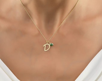 Personalised Birthstone Initial Necklace,Valentines Day Gift For Her,Gold Plated  Pendant ,Script Style  Necklace,Birthday Gift For Her
