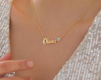 Name Necklace with Birthstone, Personalised Name Necklace , Gold Plated Necklace,  Birthday Gift For Her, Mother's Day Gift, Christmas Gift