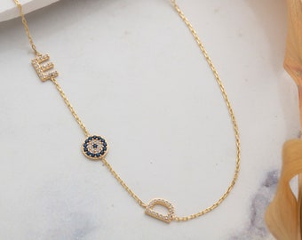 Evil Eye Protection necklace,Sideway Initial Necklace ,Valentines Day Gift For Her, Birthday Gift For Her,Mothers Day Gift,Christmas Gift