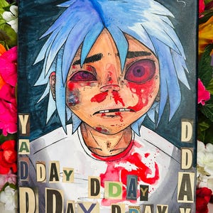 GORILLAZ 2D - Pintura de acuarela del Día D, lienzo, tinta y papel de periódico.