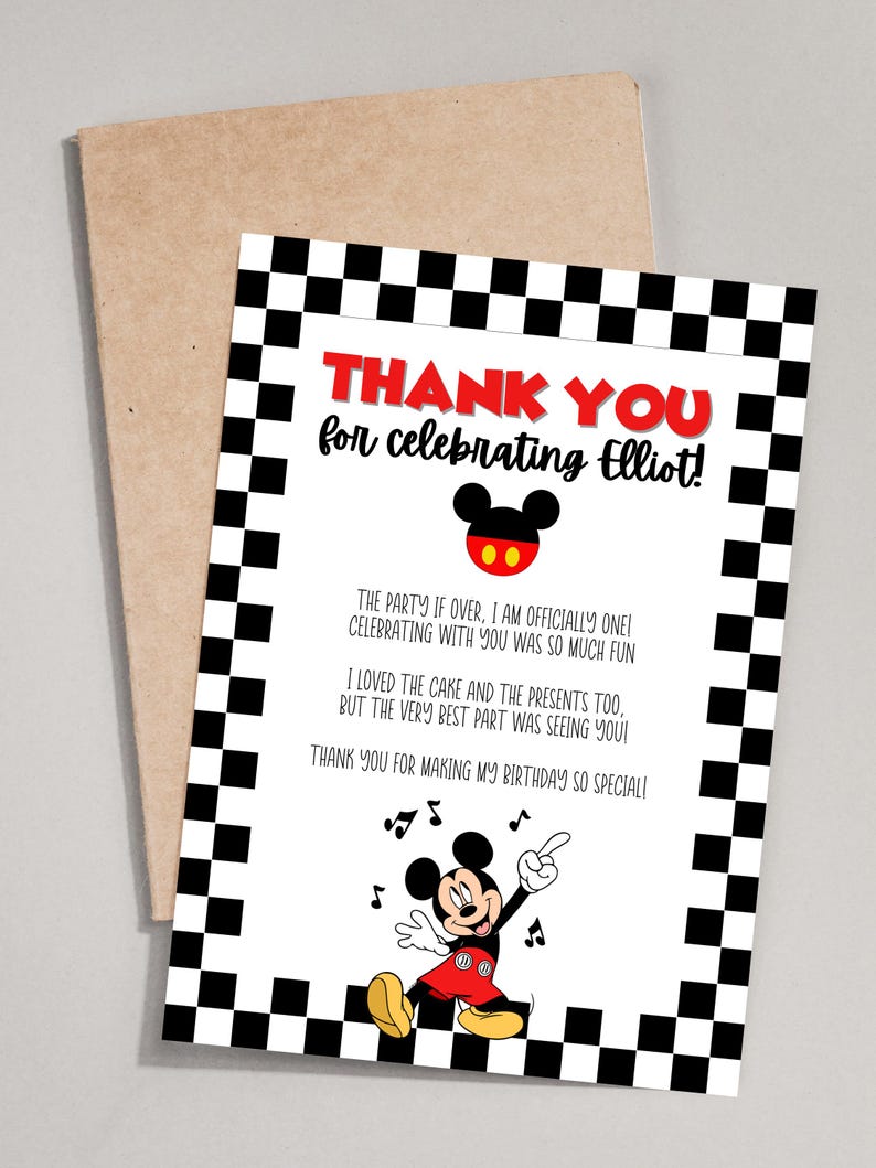 Mouse 1st Birthday Thank You Card | Editable Canva Template (digital ...