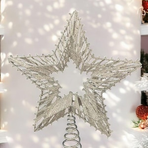 12&quot; Glitter Platinum Mesh Star Tree Topper Christmas Holiday Decor