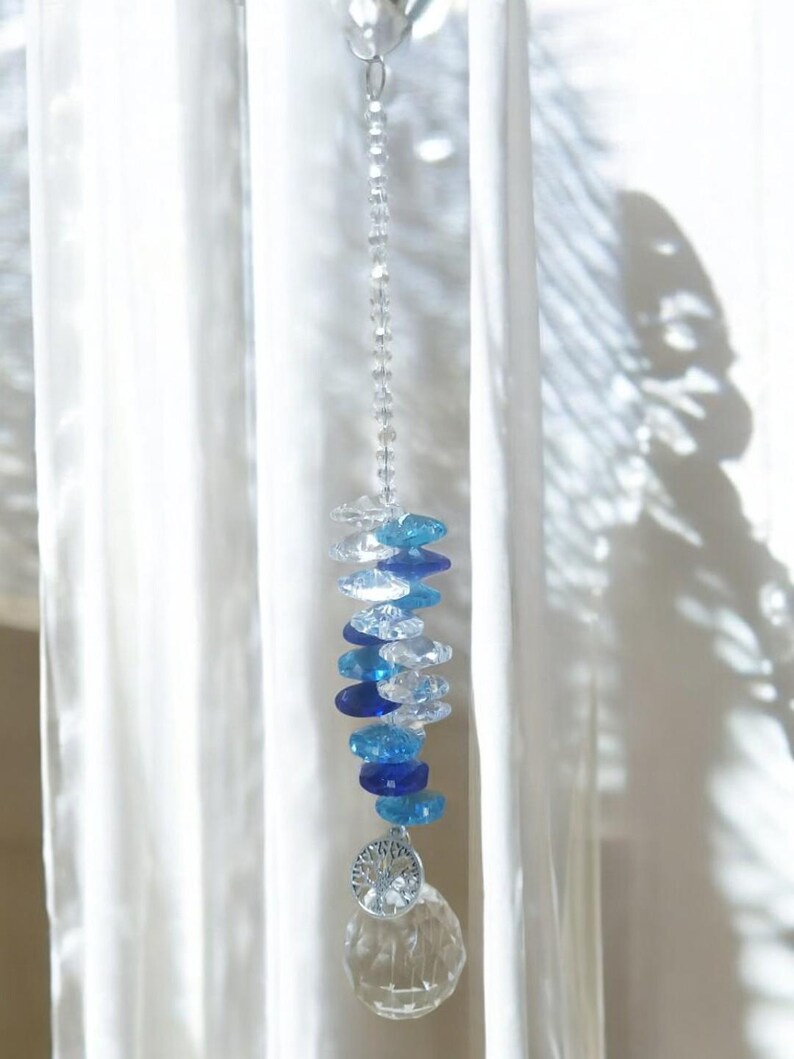 Moonlight Blue Octagon Crystal Ball Life Tree Suncatcher, Rainbow Maker